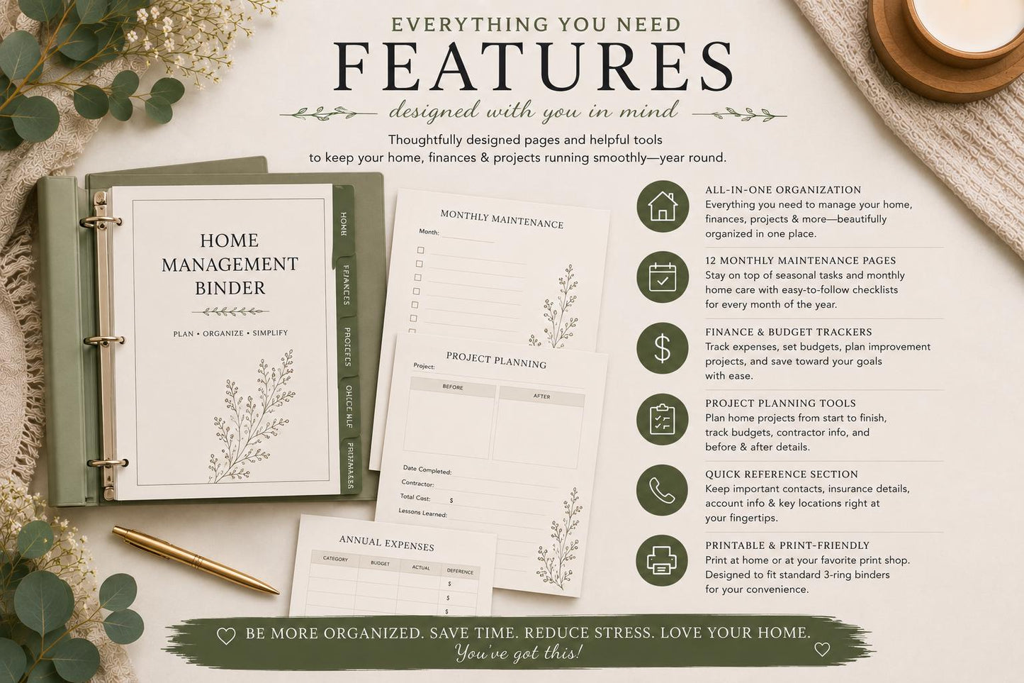 Home Maintenance Binder Printable | Home Organization Planner (PDF) | Editable Canva Template| Digital Download