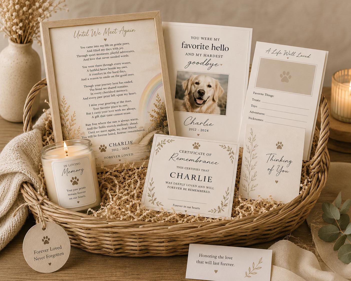 Pet Memorial Bundle | Rainbow Bridge, Sympathy Card, Candle Label (Editable Canva Template)