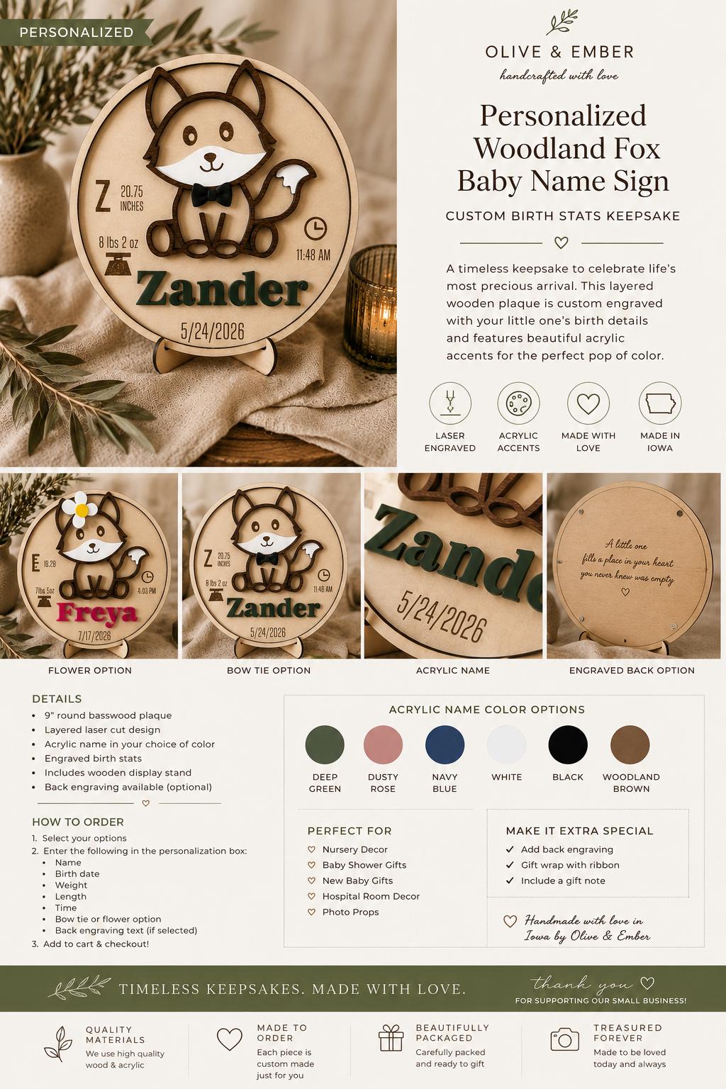 Personalized Baby Birth Stats Sign — Woodland Fox Nursery Plaque
