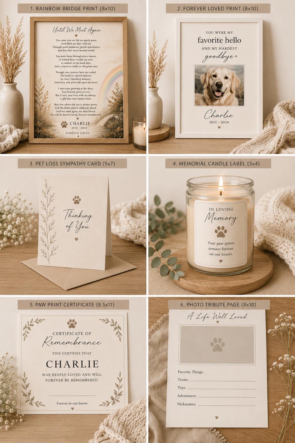 Pet Memorial Bundle | Rainbow Bridge, Sympathy Card, Candle Label (Editable Canva Template)