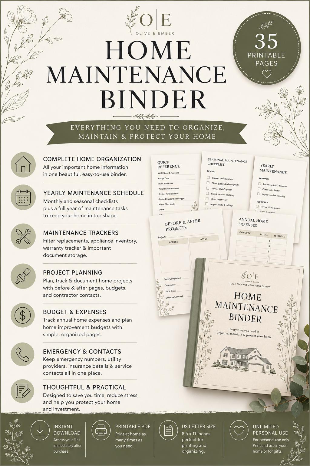 Home Maintenance Binder Printable | Home Organization Planner (PDF) | Editable Canva Template| Digital Download
