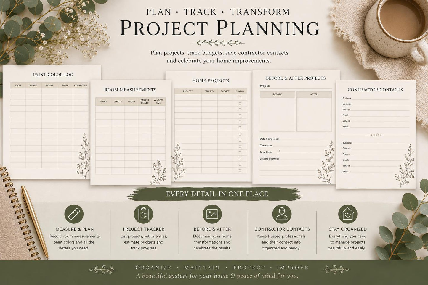 Home Maintenance Binder Printable | Home Organization Planner (PDF) | Editable Canva Template| Digital Download
