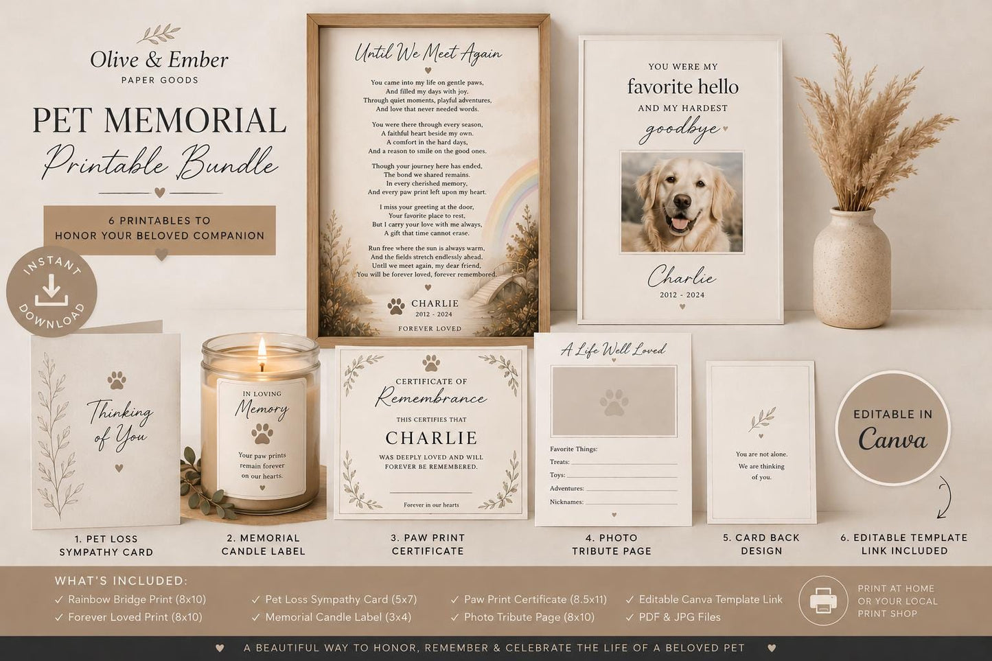 Pet Memorial Bundle | Rainbow Bridge, Sympathy Card, Candle Label (Editable Canva Template)