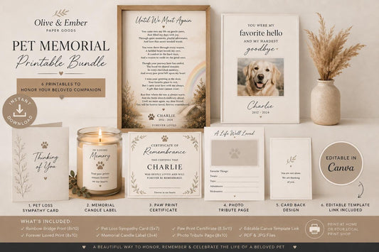 Pet Memorial Bundle | Rainbow Bridge, Sympathy Card, Candle Label (Editable Canva Template)