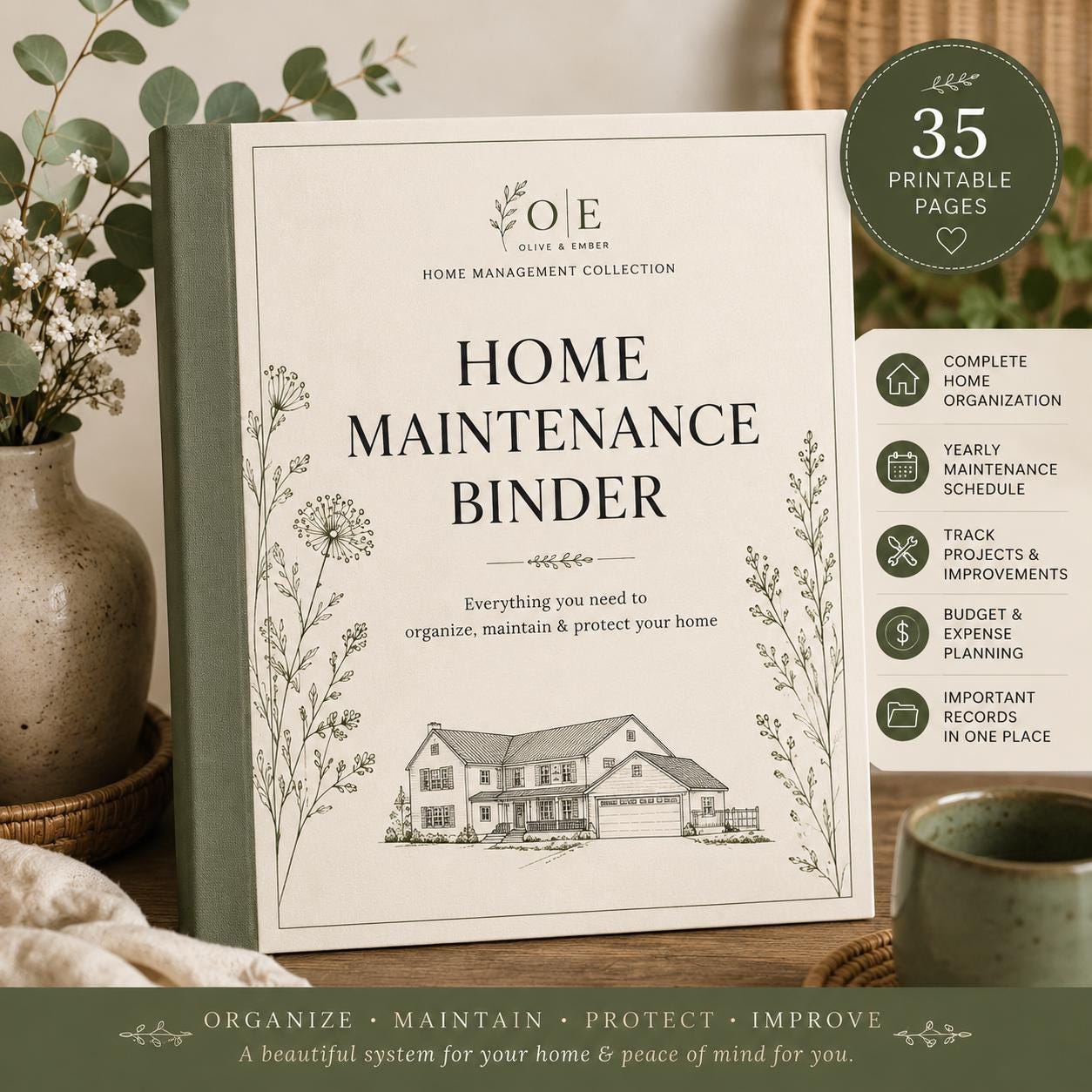 Home Maintenance Binder Printable | Home Organization Planner (PDF) | Editable Canva Template| Digital Download