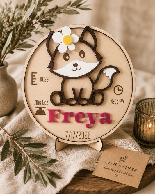 Personalized Baby Birth Stats Sign — Woodland Fox Nursery Plaque