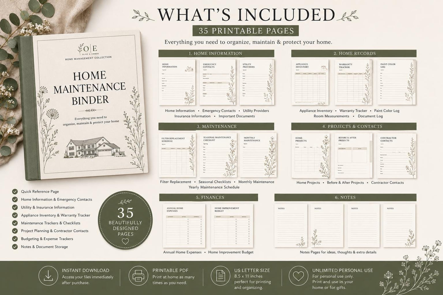 Home Maintenance Binder Printable | Home Organization Planner (PDF) | Editable Canva Template| Digital Download