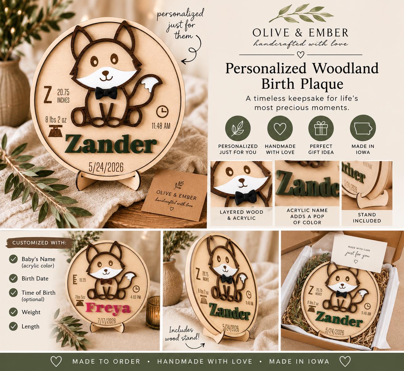 Personalized Baby Birth Stats Sign — Woodland Fox Nursery Plaque