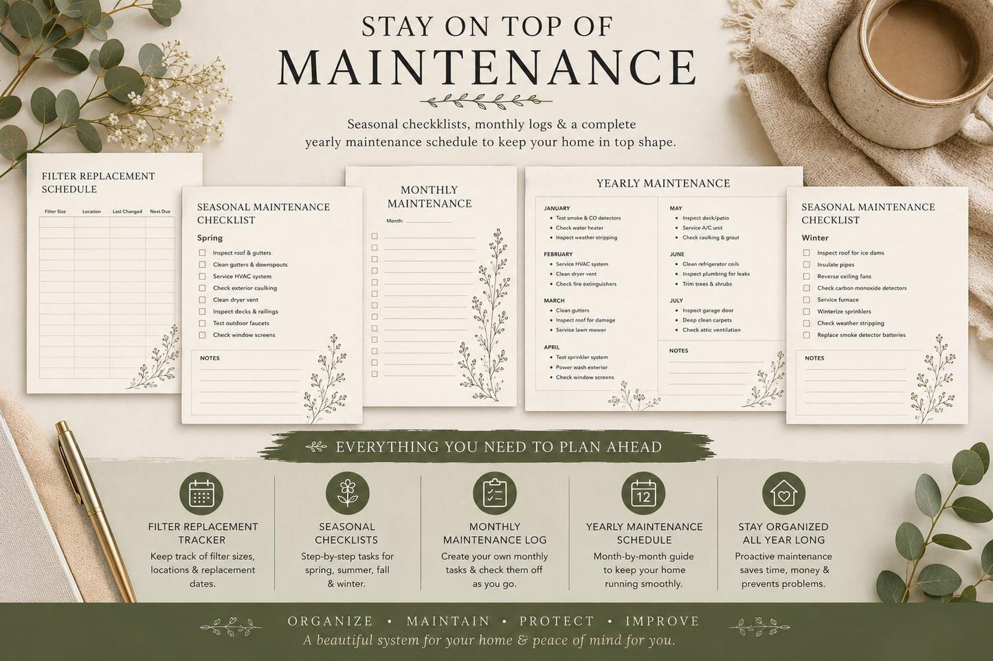 Home Maintenance Binder Printable | Home Organization Planner (PDF) | Editable Canva Template| Digital Download