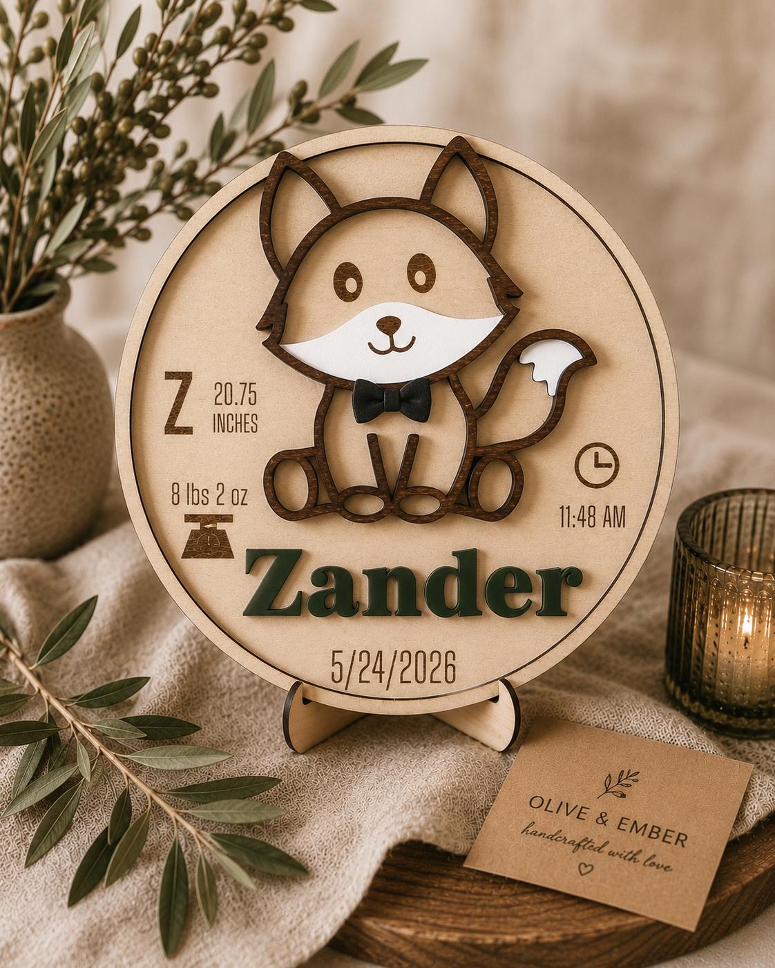 Personalized Baby Birth Stats Sign — Woodland Fox Nursery Plaque